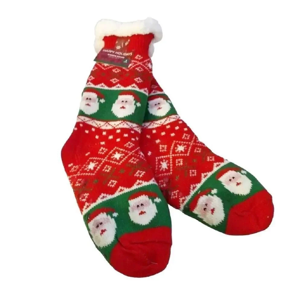 Happy Holidays Festive Santa Knitted Sherpa Lined Bootie Socks NWT